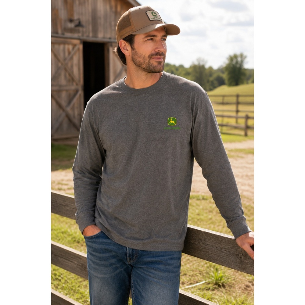 John Deere Long Sleeve T Shirt XXL Gray‎ Logo Workwear Farm Ranch Graphic Tee